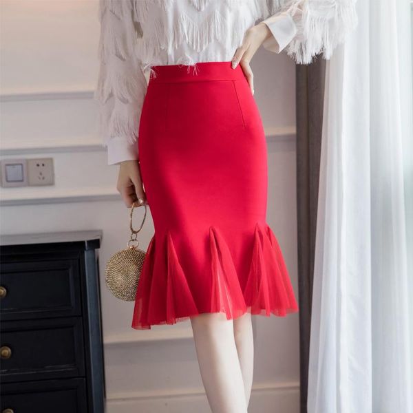 skirts brand fashion women mesh stitching high waist stretch pencil for elegant office lady plus size, Black
